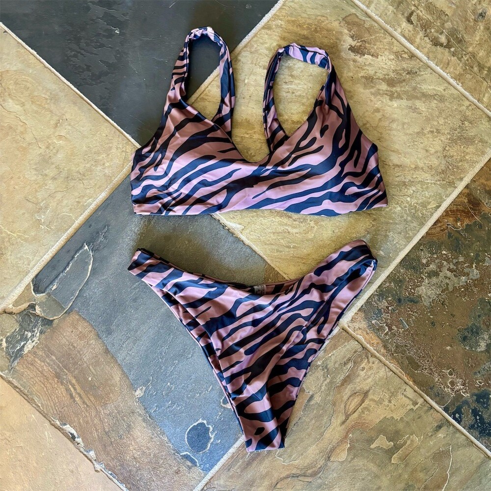 Aerie Bikini Set Womens Size L Pink Black Zebra Print Twist Front High Cut